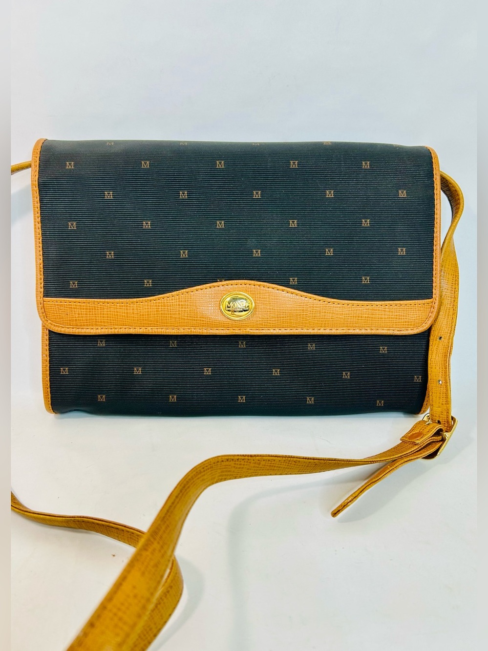 Vintage Monet Monogrammed Crossbody in Ribbed Black Coated Canvas